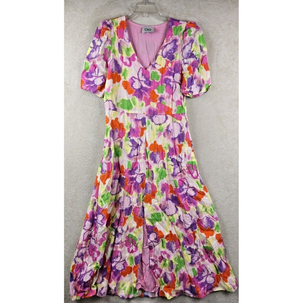 CKS Women's Short Sleeve Linen Blend Lined Belted Colorful Dress Size S